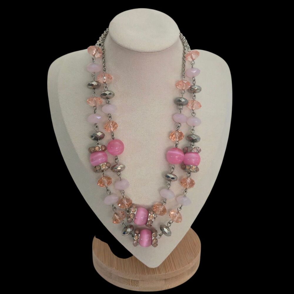 Crown Trifari Necklace Pink Beaded Rhinestones Double Strand Fashion 14"